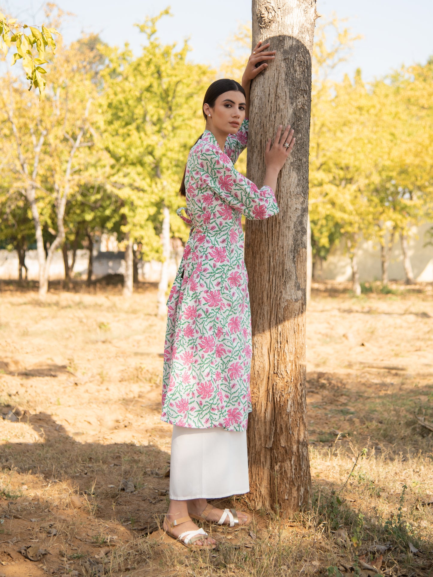 White Gardenia Wrap Dress - White Pink Hand Block Printed Cotton Wrap Dress
