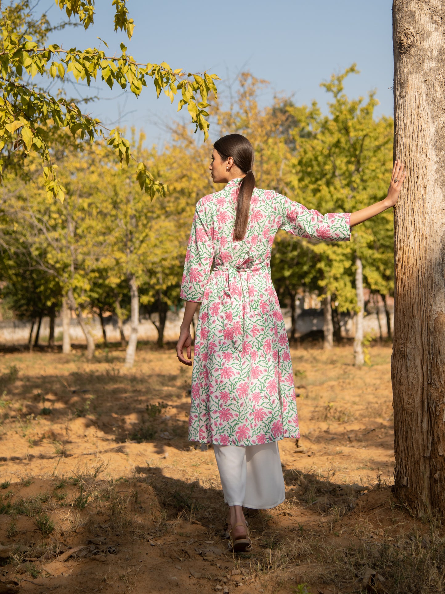White Gardenia Wrap Set- White Pink Hand Block Printed Cotton Wrap Kurta with Pants