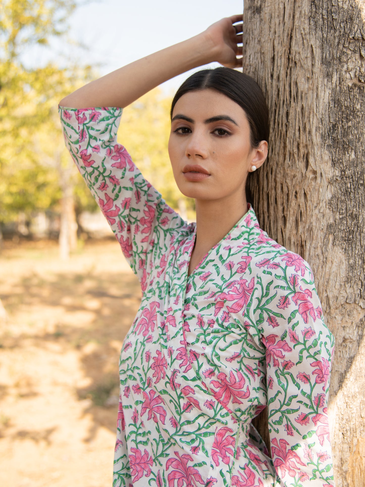 White Gardenia Wrap Dress - White Pink Hand Block Printed Cotton Wrap Dress