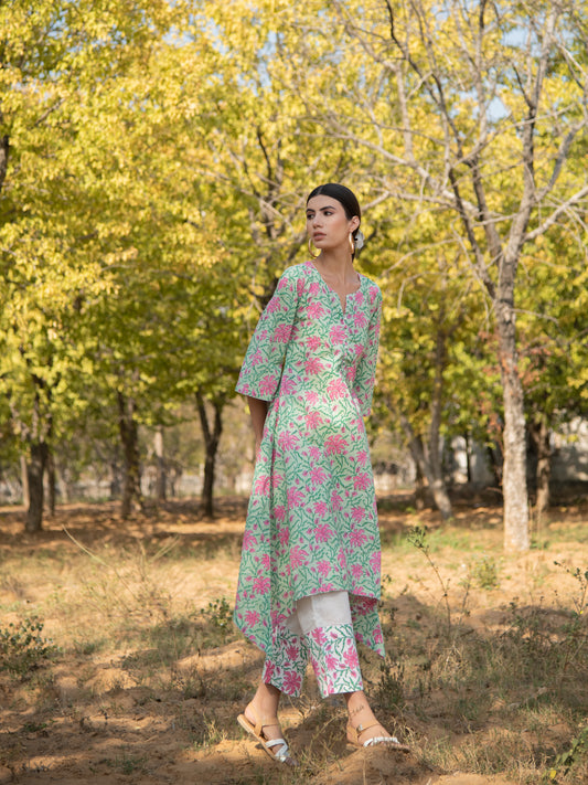 Green Gardenia Kurta Set- Green Pink Hand Block Printed Cotton Asymmetric Kurta with Pants
