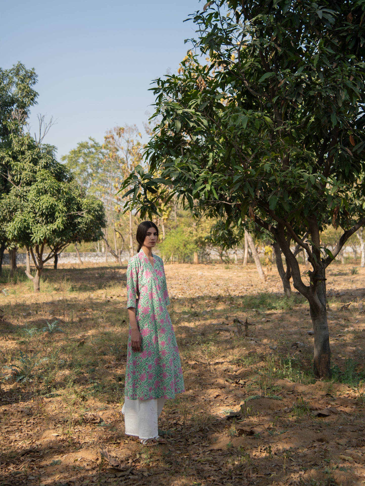 Green Gardenia Wrap Dress - Green Pink Hand Block Printed Cotton Wrap Dress