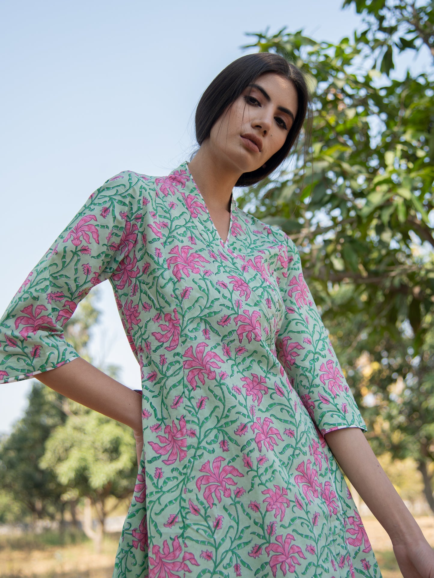 Green Gardenia Wrap Dress - Green Pink Hand Block Printed Cotton Wrap Dress