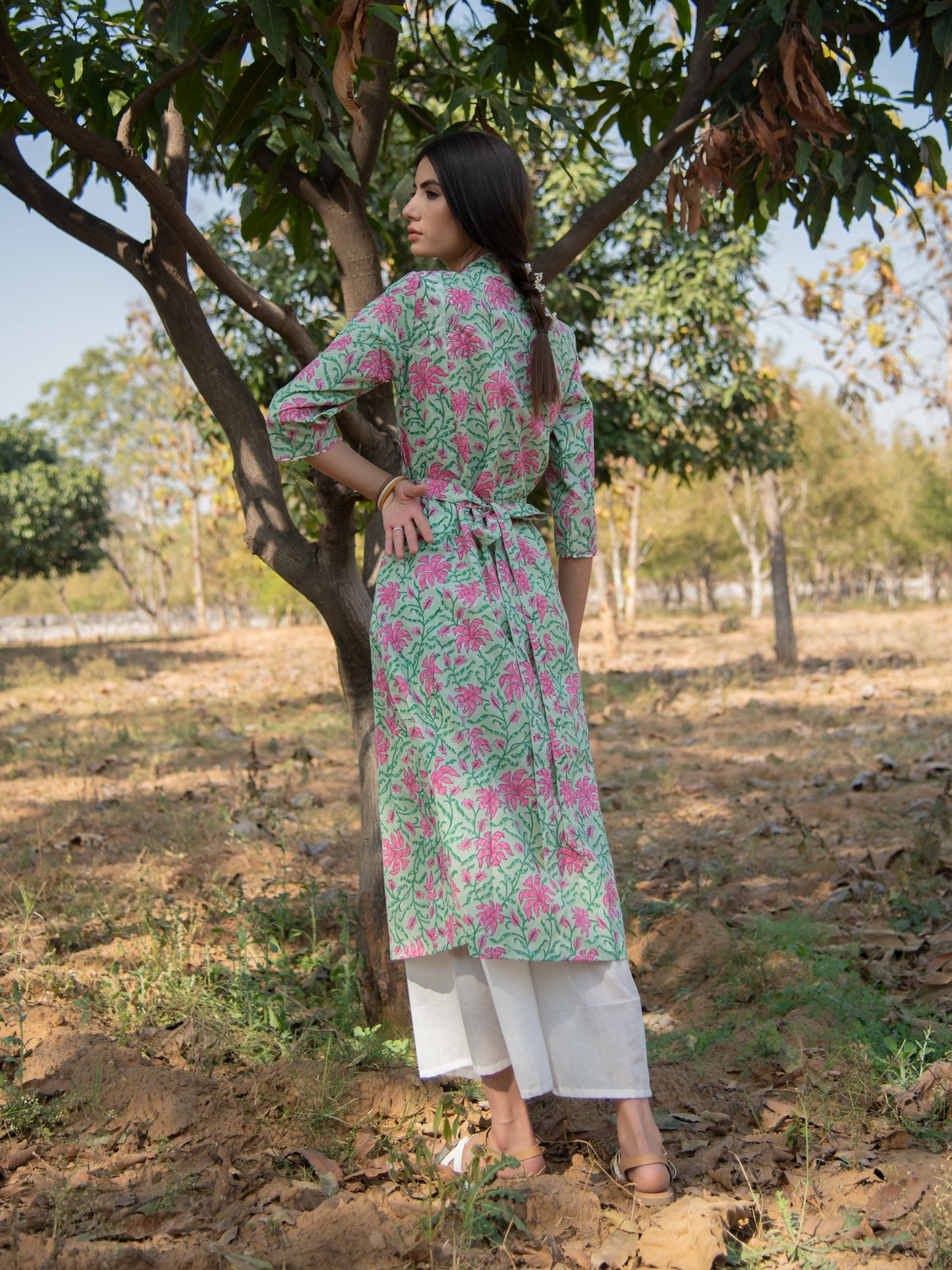 Green Gardenia Wrap Dress - Green Pink Hand Block Printed Cotton Wrap Dress