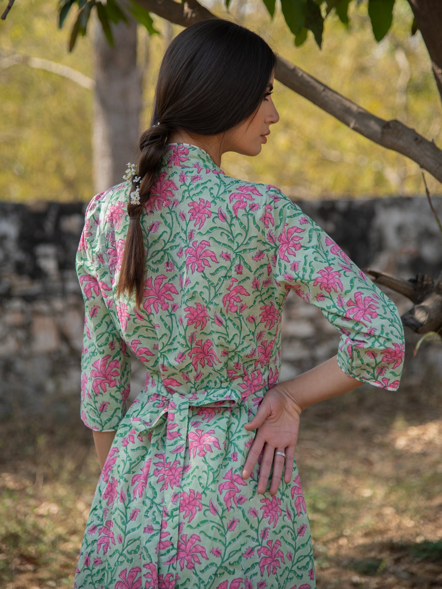 Green Gardenia Wrap Dress - Green Pink Hand Block Printed Cotton Wrap Dress