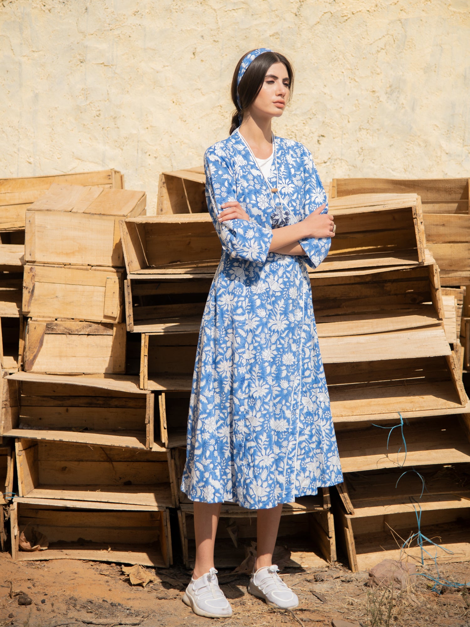 No More Blues Wrap Dress - Blue Hand Block Printed Cotton Wrap Dress Marche No More Blues Wrap Dress - Blue Hand Block Printed Cotton Wrap Dress Marche