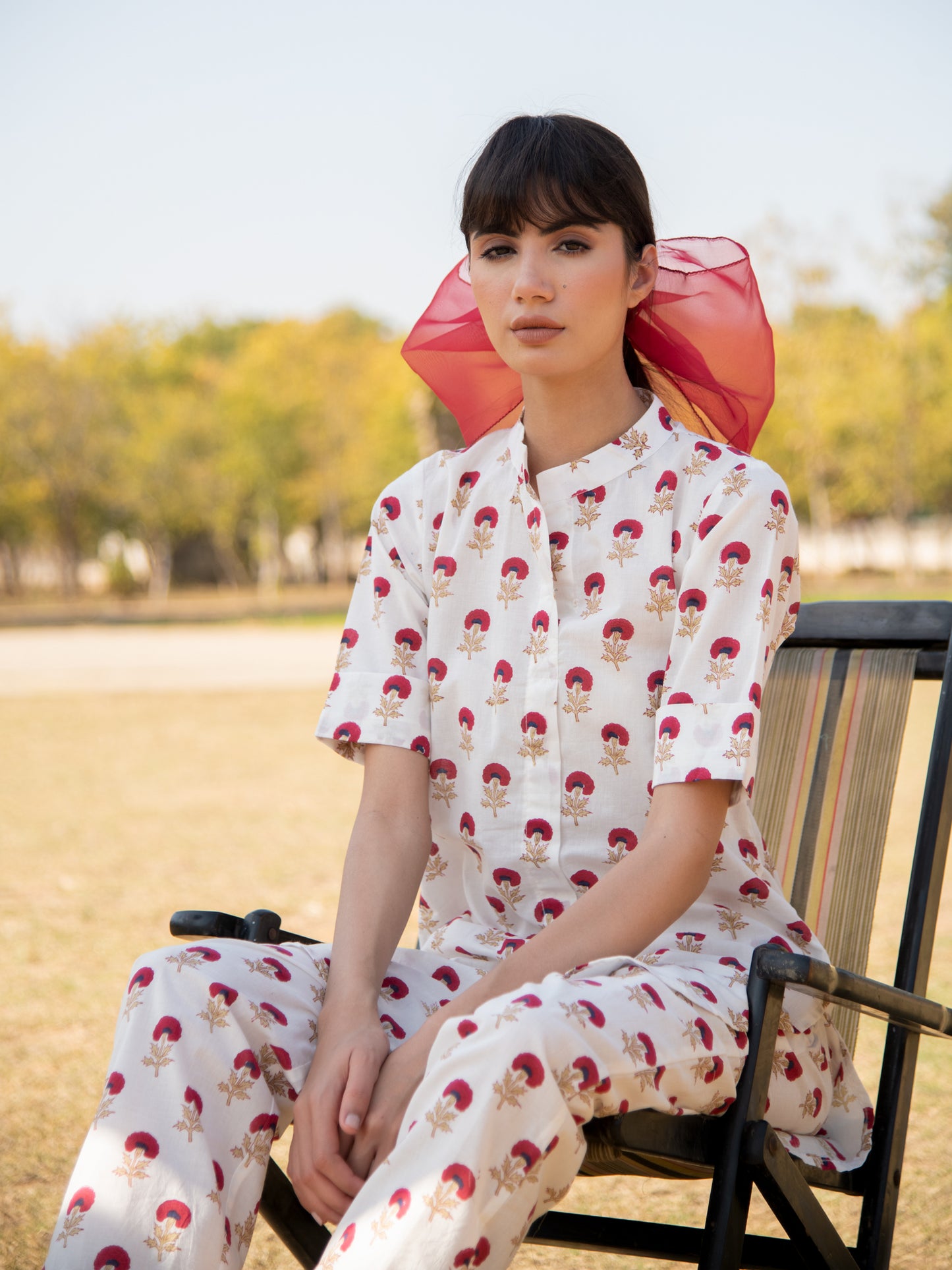 Marigold Co-Ord - White Red Hand Printed Cotton Co-Ord Set