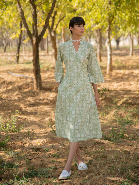 Greener Days Wrap Dress - Green Hand Block Printed Cotton Wrap Dress