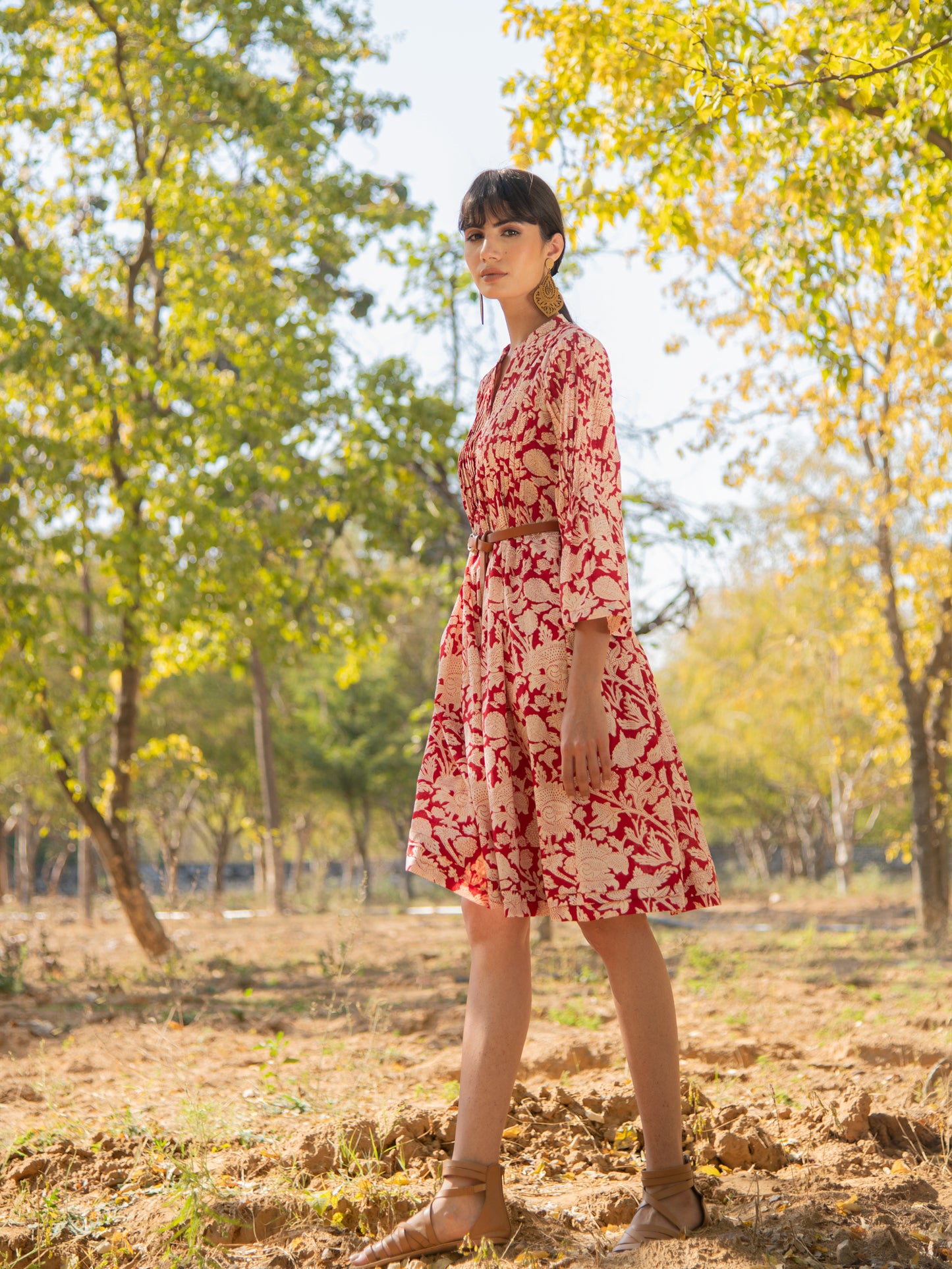 Red Rose Tunic Dress- Red Hand Block Printed Cotton Tunic Dress