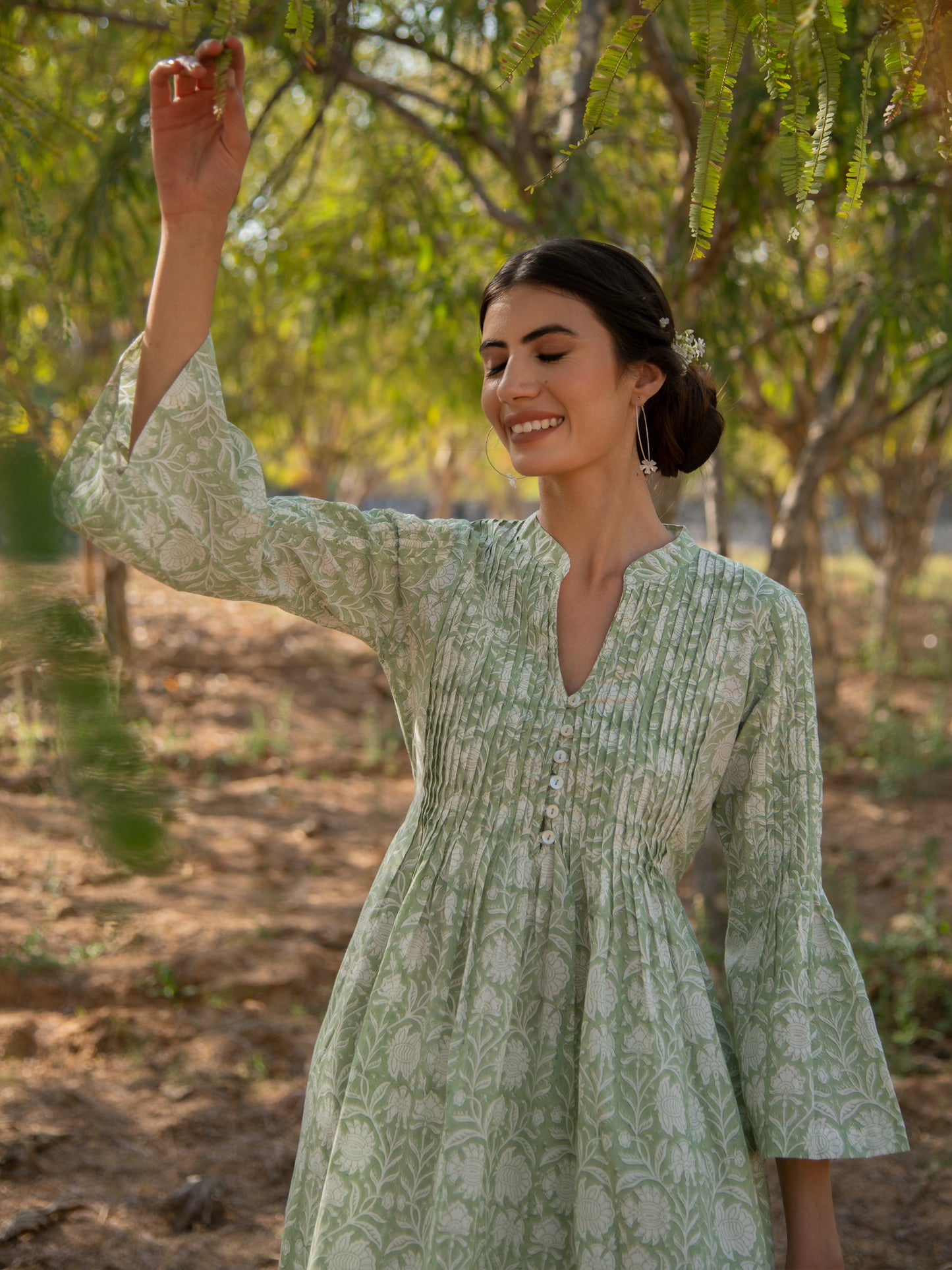 Greener Days Tunic Dress- Green Hand Block Printed Cotton Dress