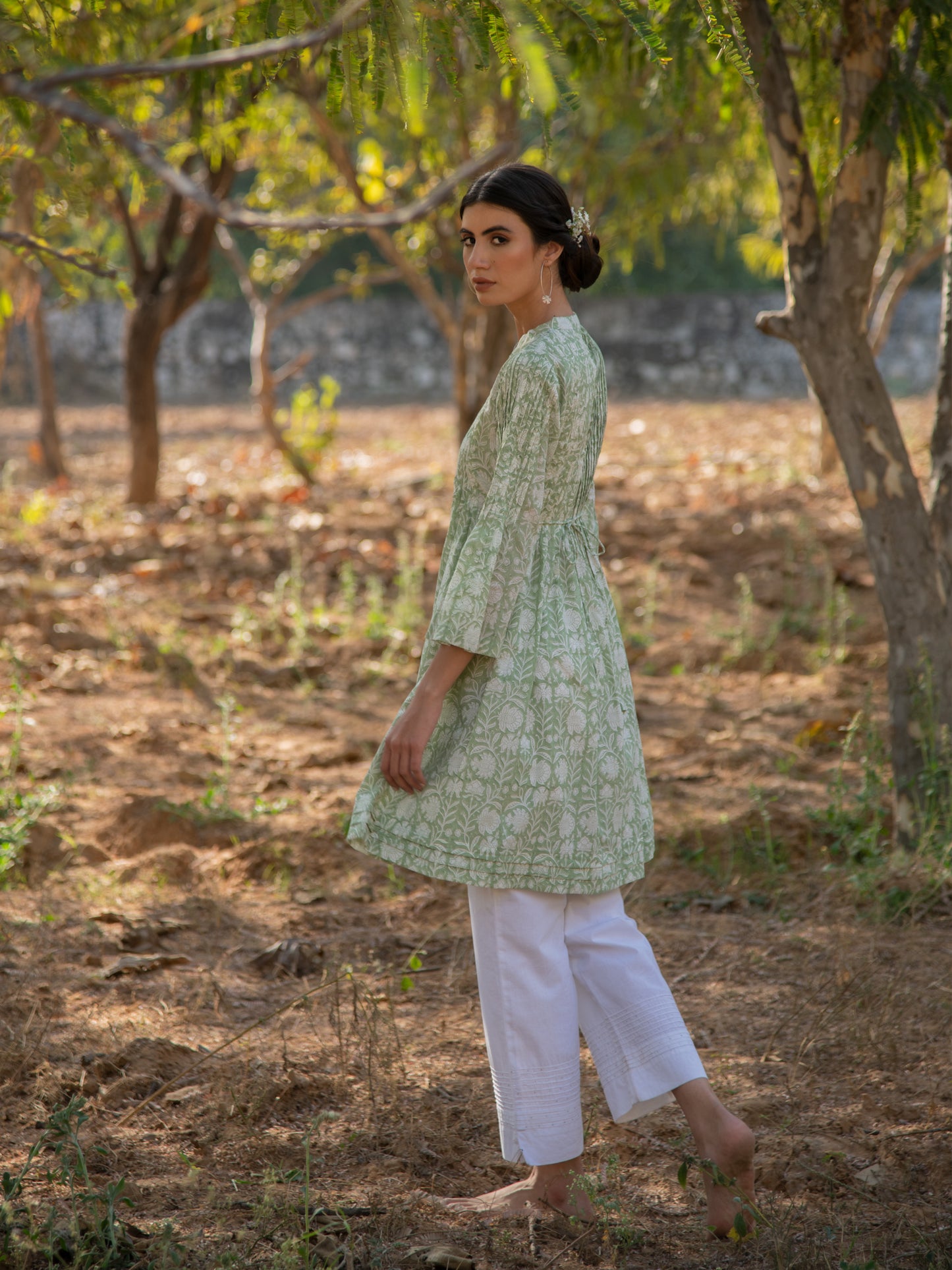 Greener Days Tunic Dress- Green Hand Block Printed Cotton Dress