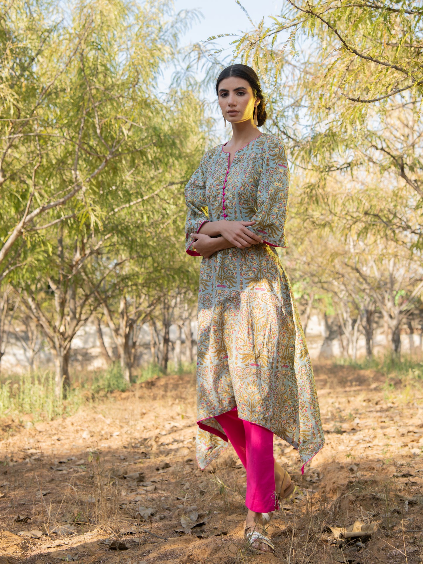 Grey Gardenia Kurta Set- Grey Hand Block Printed Cotton Asymmetric Kurta with Magenta Pants