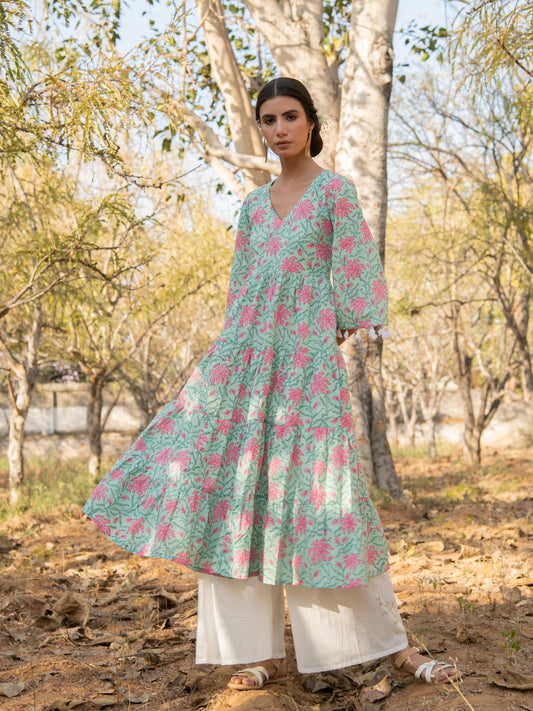 Green Gardenia Tier Set- Green Pink Hand Block Printed Cotton Tier Kurta Set