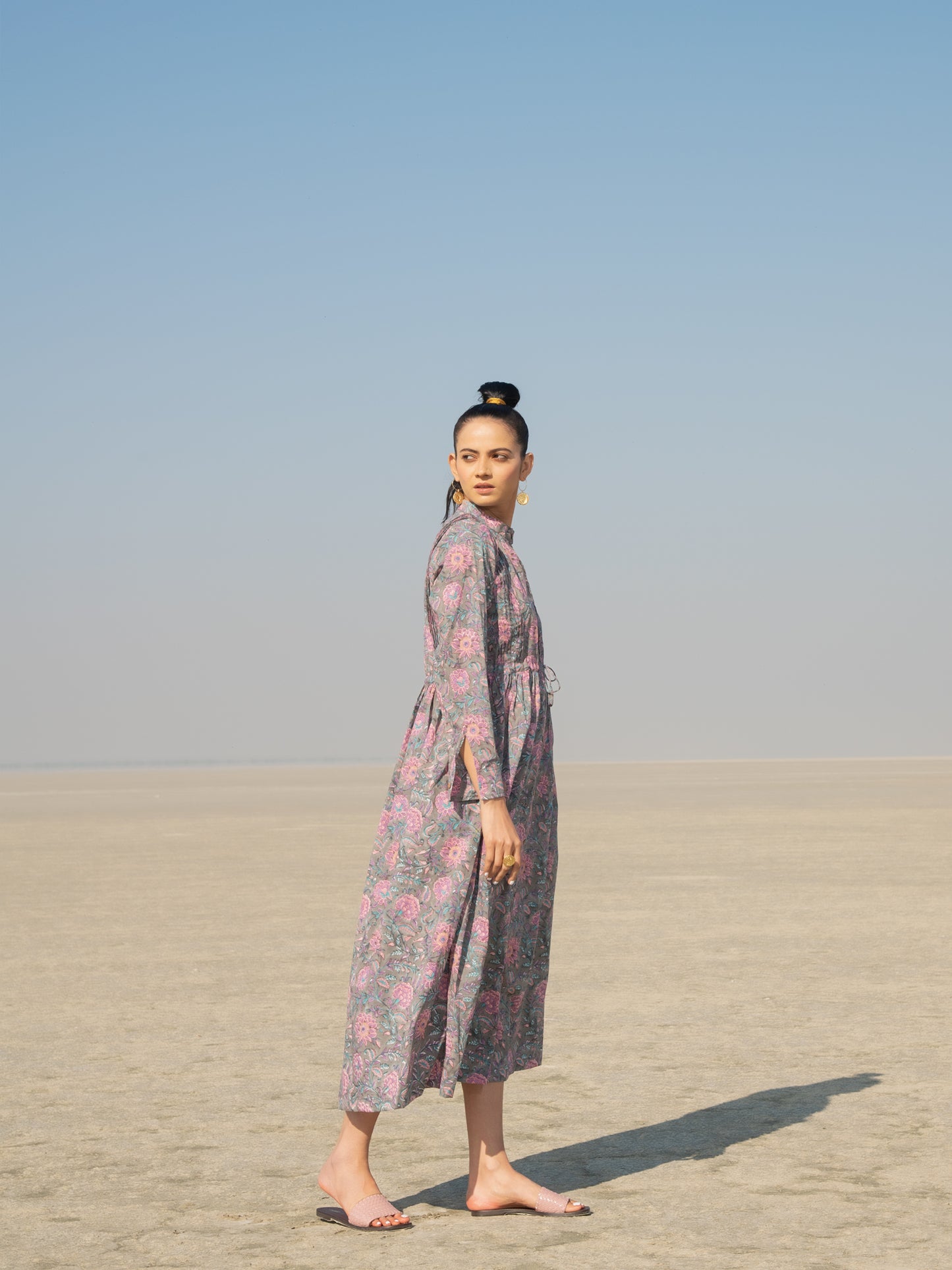 Grey Gloria Shirt Dress - Grey Hand Block Printed Cotton Shirt Dress