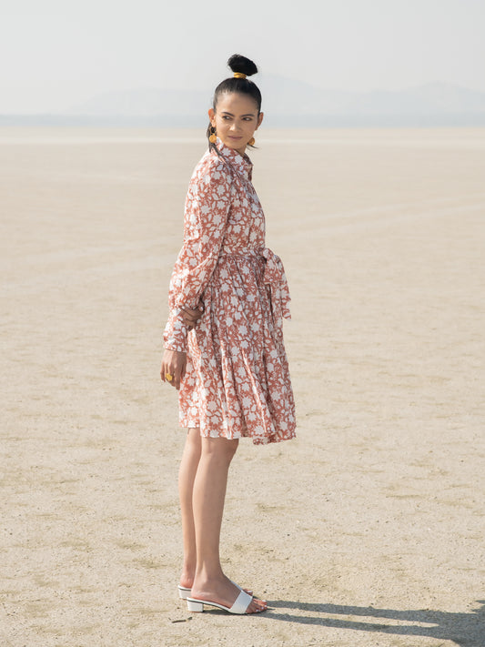 Basille Short Tier Dress - Rust Hand Block Printed Short Dress