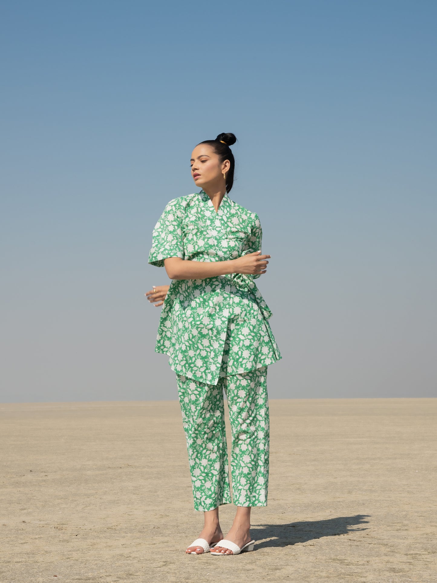 Green Basile - Green Hand Block Printed Cotton Kimono Style Co-ord Set