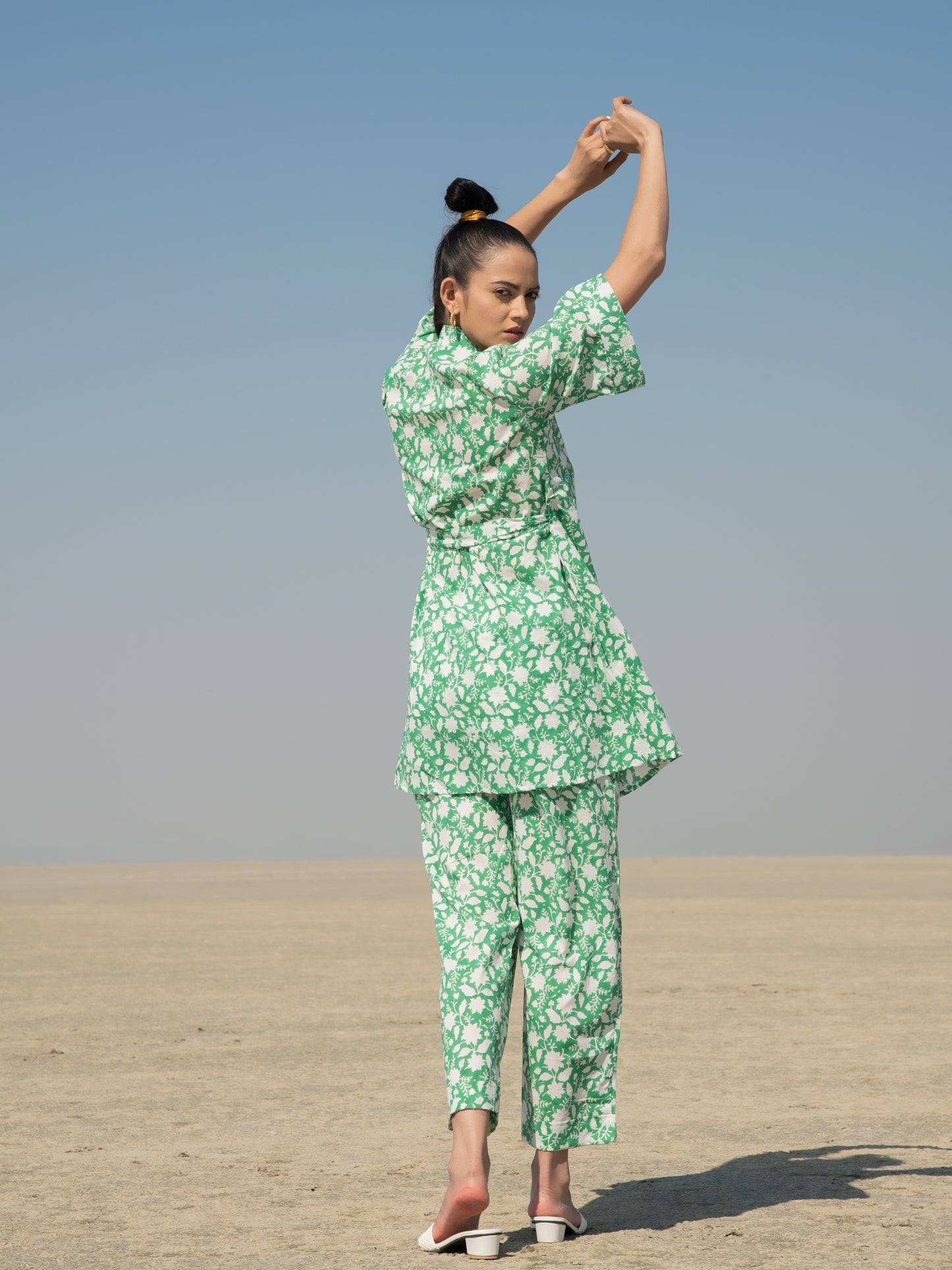 Green Basile - Green Hand Block Printed Cotton Kimono Style Co-ord Set