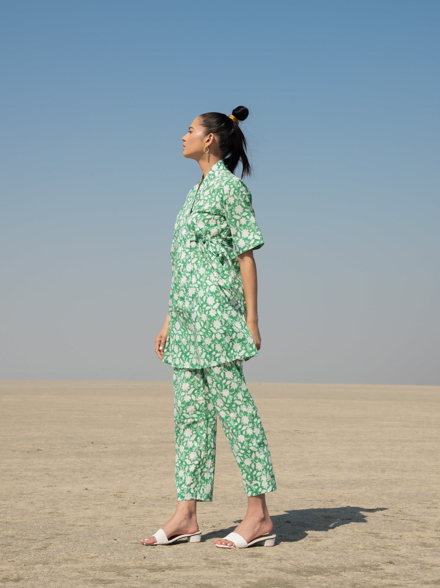 Green Basile - Green Hand Block Printed Cotton Kimono Style Co-ord Set