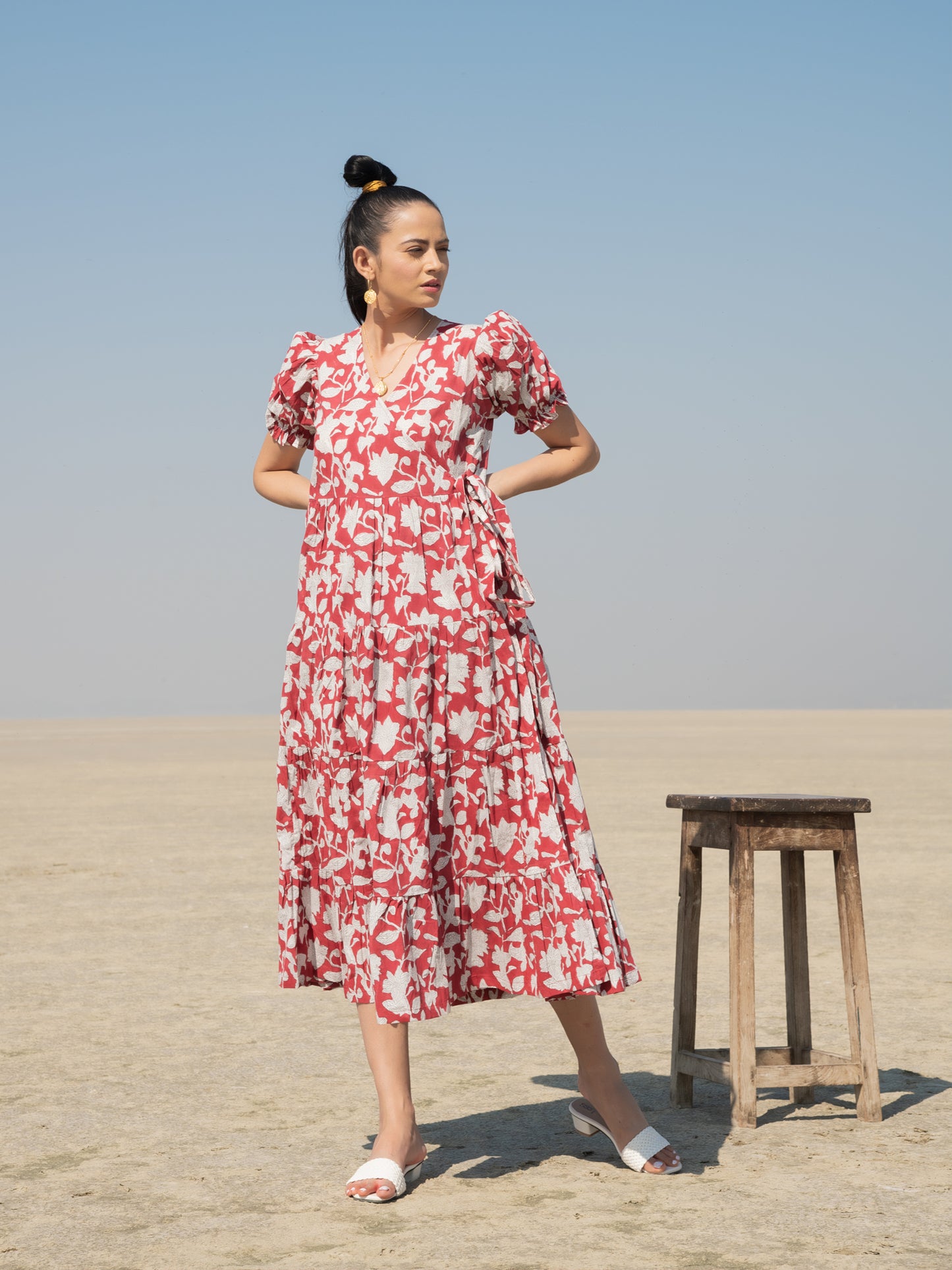 Red Lilies Tier Wrap Dress - Red Hand Block Printed Cotton Tiered Wrap Dress