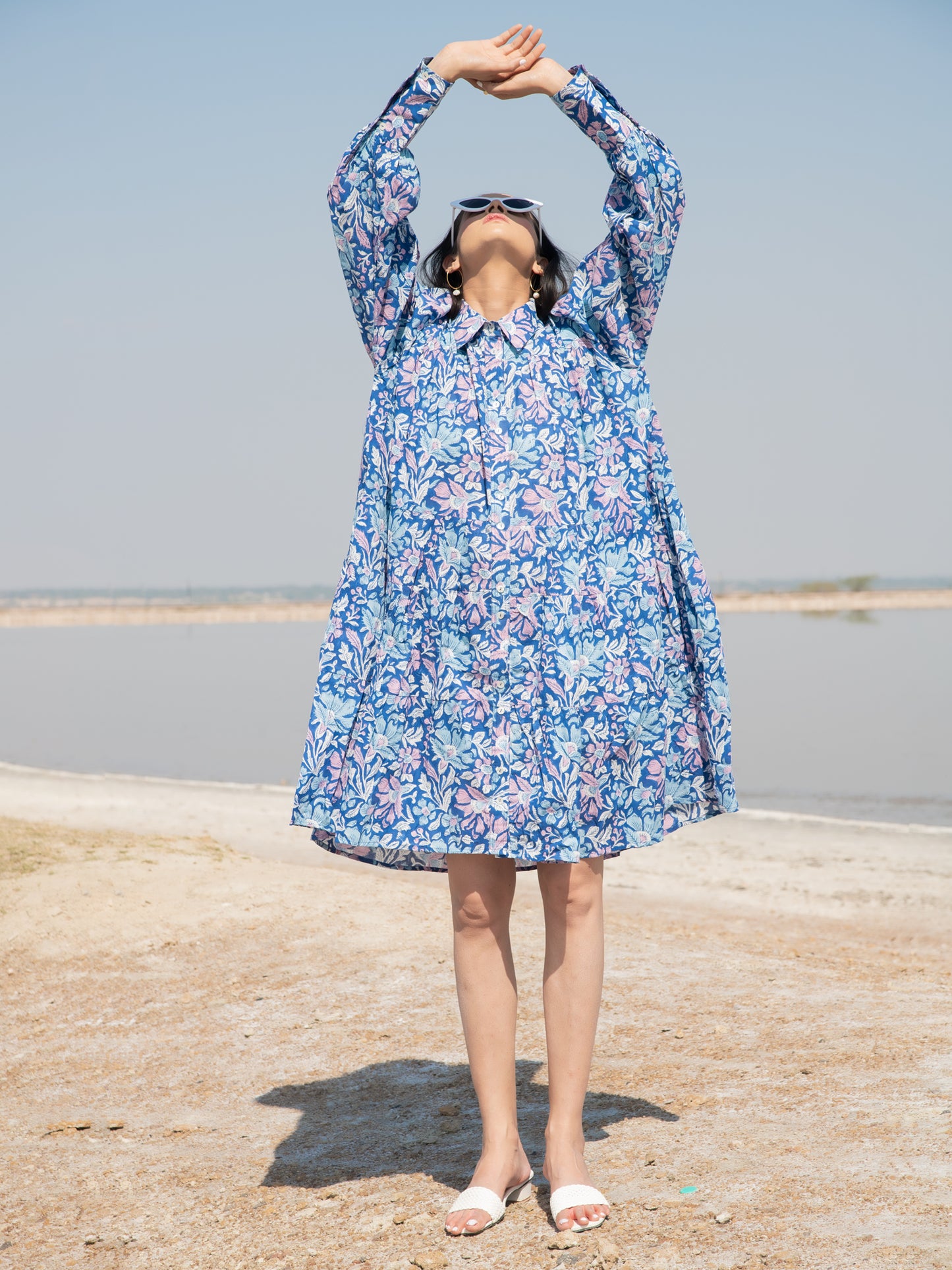 Blue Lagoon Short Tier Dress - Blue Hand Block Printed Short Dress