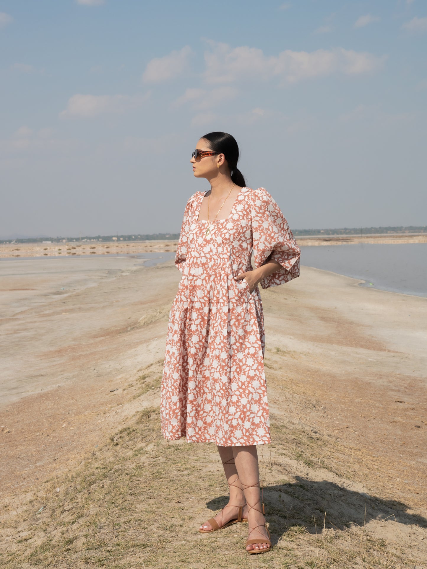 Rust Basille Victoria Dress - Rust Hand Block Printed Cotton Dress