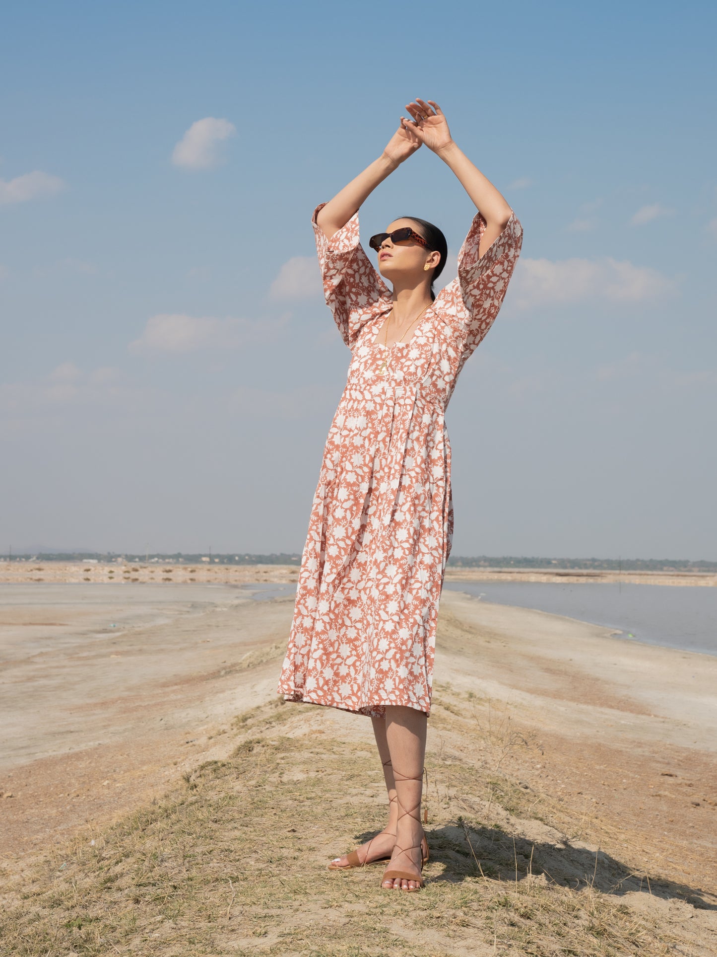 Rust Basille Victoria Dress - Rust Hand Block Printed Cotton Dress