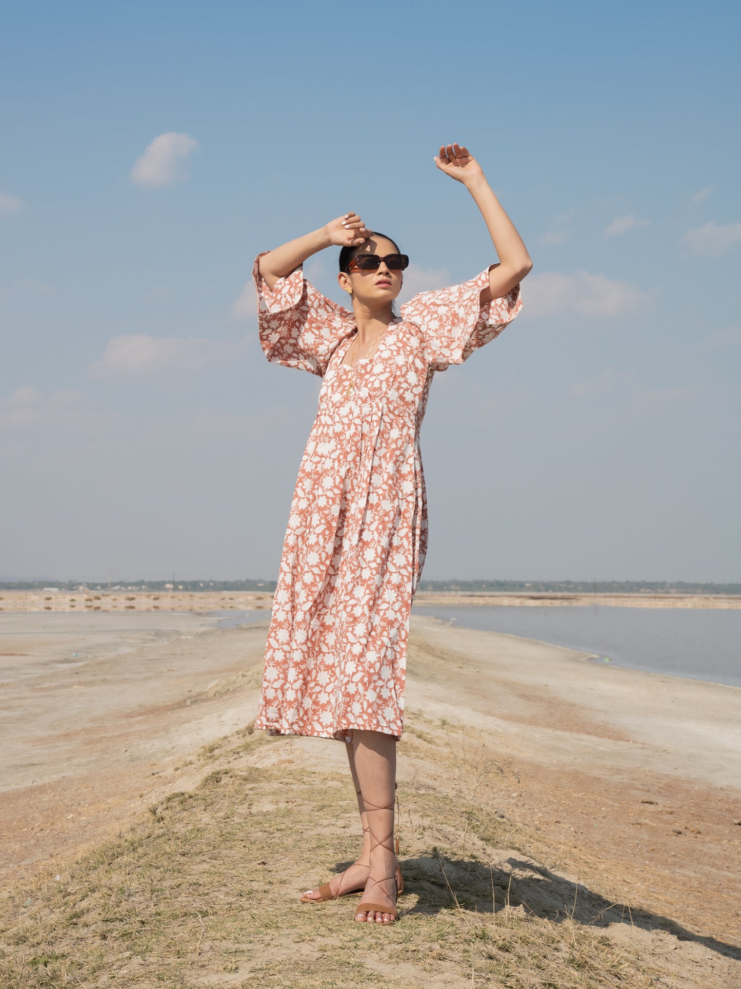 Rust Basille Victoria Dress - Rust Hand Block Printed Cotton Dress