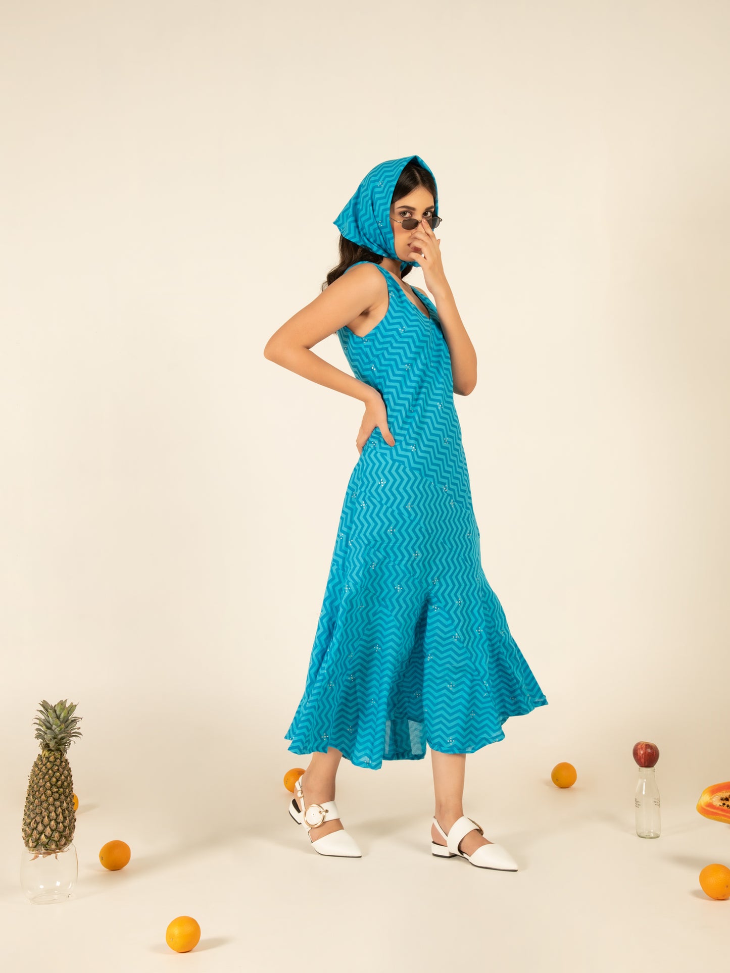 Sophia Blue Flounce Dress - Blue Hand Block Printed Sleeveless Cotton Dress