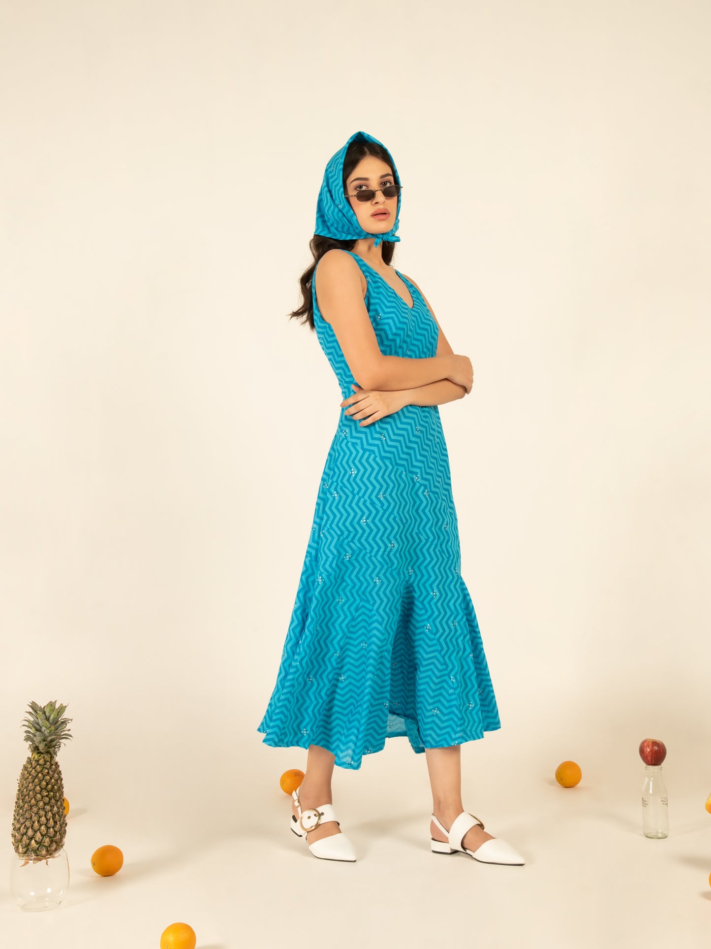 Sophia Blue Flounce Dress - Blue Hand Block Printed Sleeveless Cotton Dress