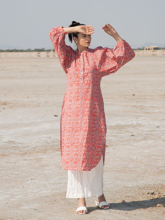 Orchid Kurta Set - Red & White Hand Block Printed Cotton Kurta Set