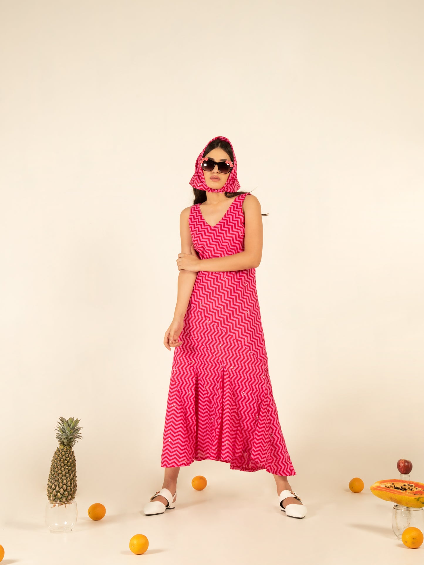 Sophia Pink Flounce Dress - Pink Hand Block Printed Sleeveless Cotton Dress