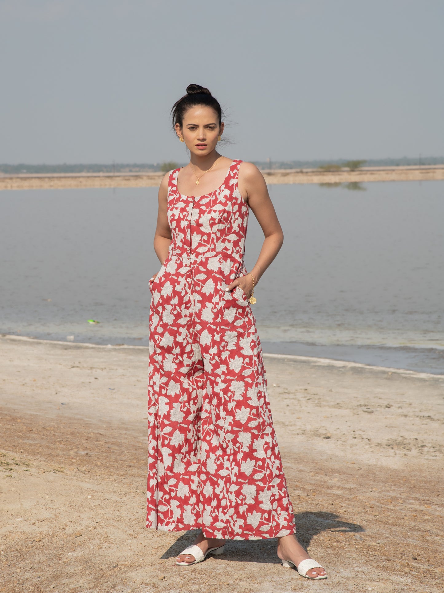Red Lilies Jumpsuit - Red Hand Block Printed Cotton Jumpsuit