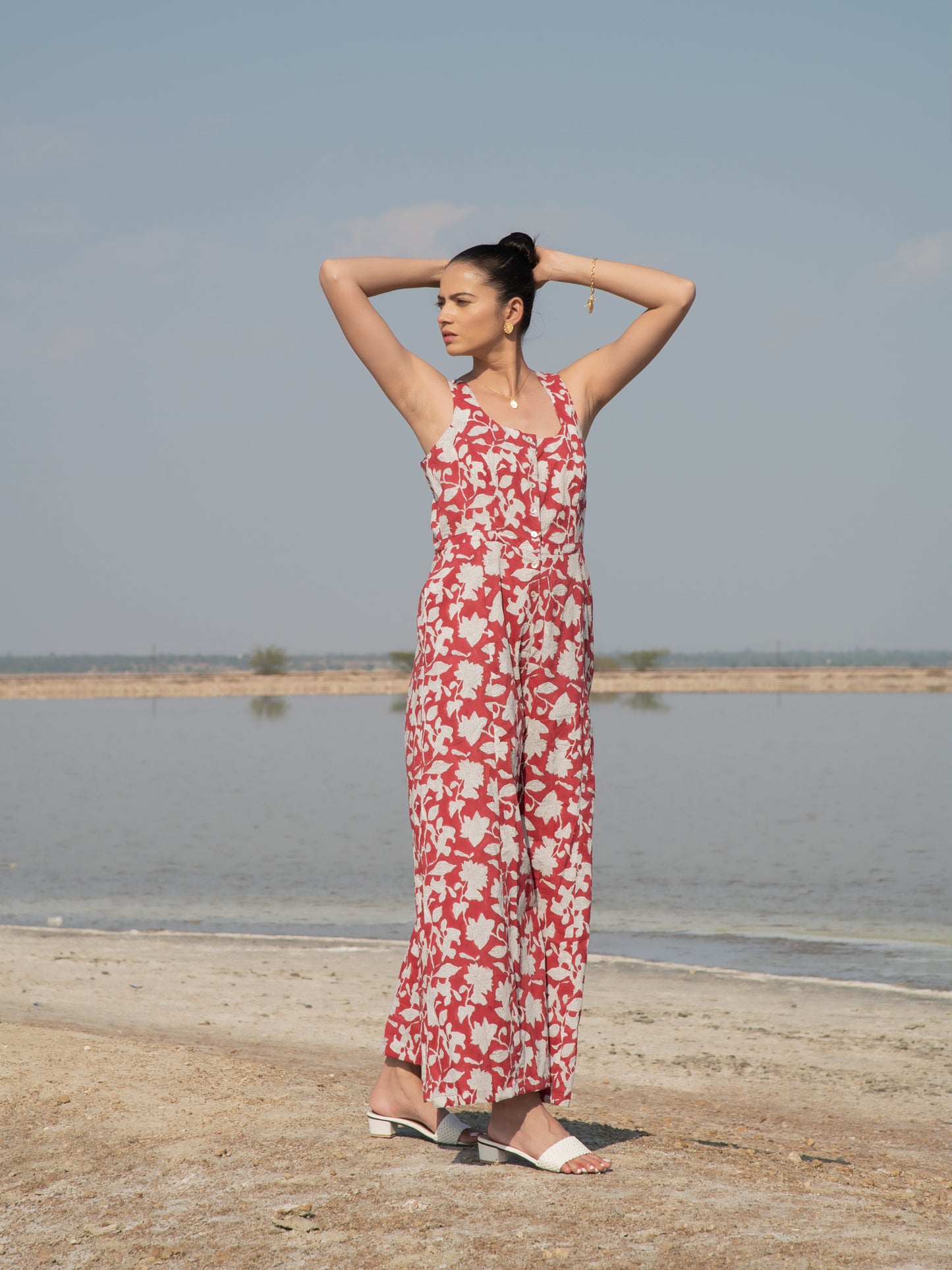 Red Lilies Jumpsuit - Red Hand Block Printed Cotton Jumpsuit