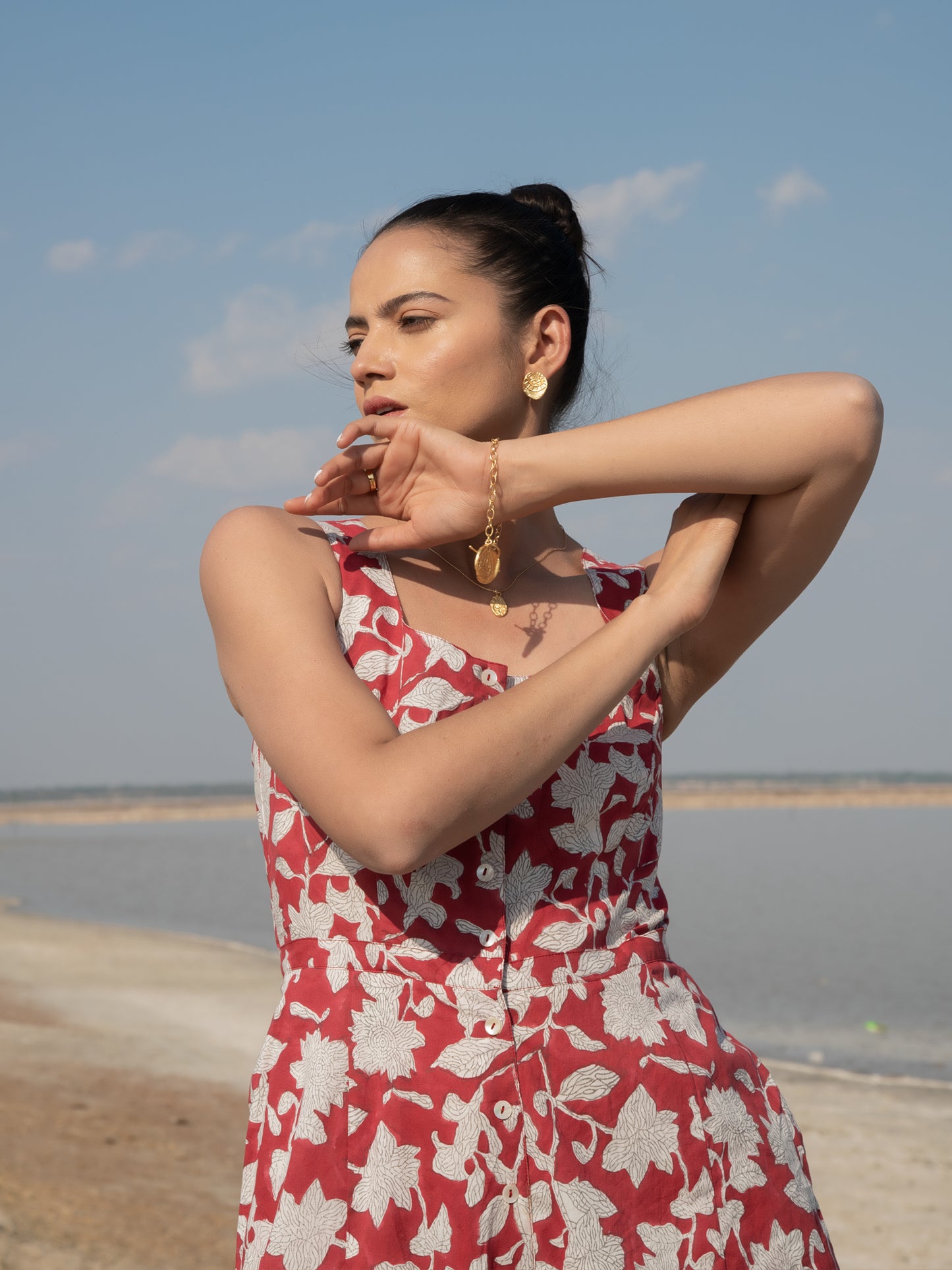 Red Lilies Jumpsuit - Red Hand Block Printed Cotton Jumpsuit