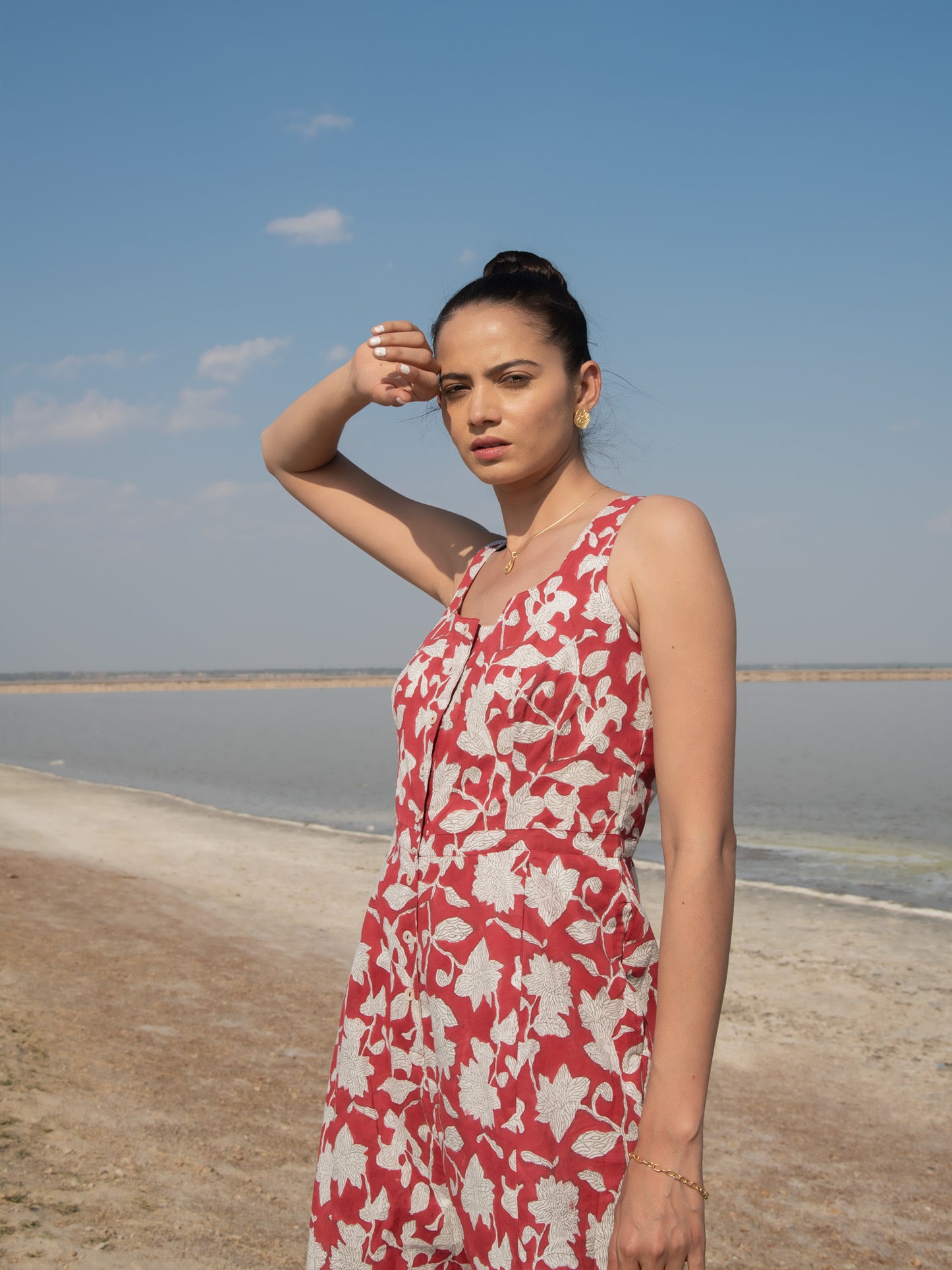 Red Lilies Jumpsuit - Red Hand Block Printed Cotton Jumpsuit