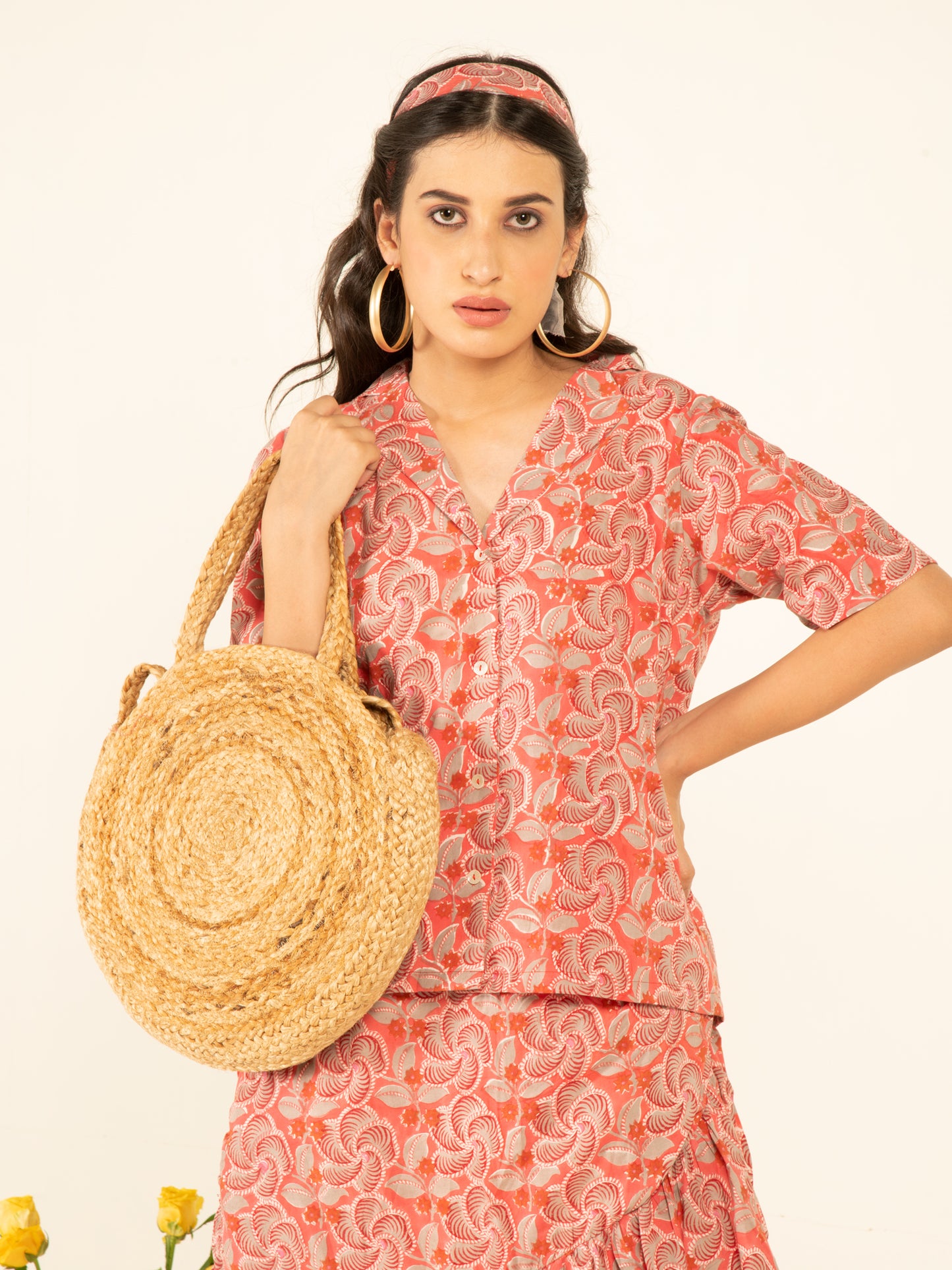 Sacha Flounce Skirt Co-ord - Multicolour Hand Block Printed Cotton Shirt Style Top And Ruffle Detailed Skirt