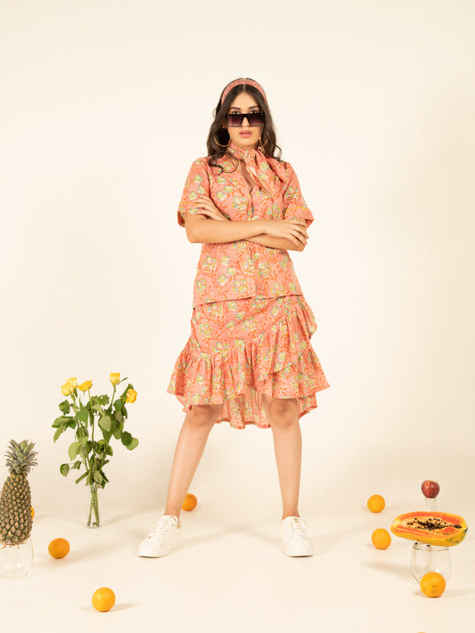 Salome Flounce Skirt Co-ord - Multicolour Hand Block Printed Cotton Shirt Style Top And Ruffle Detailed Skirt