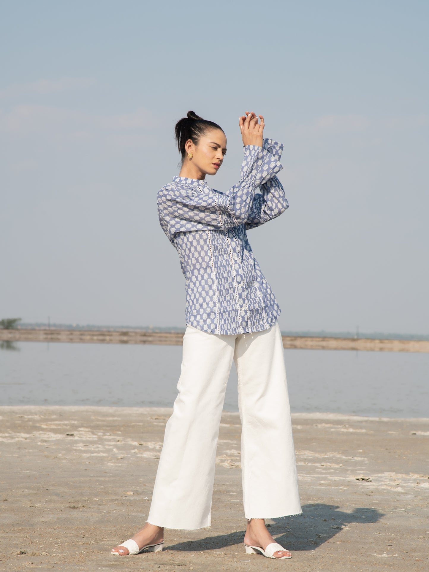 Blue Lotus Blouson Top - Blue Hand Block Printed Cotton Blouson Top