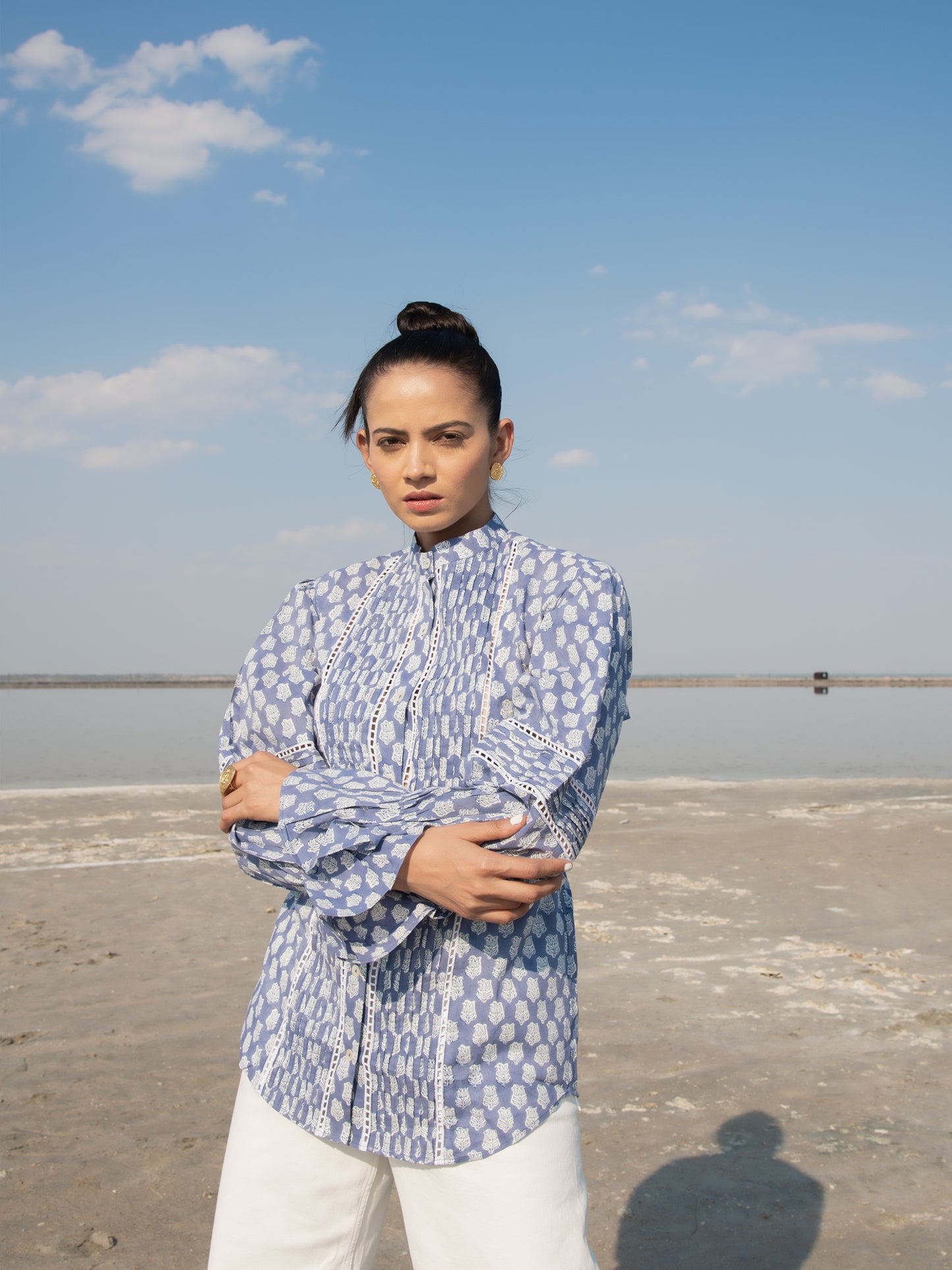 Blue Lotus Blouson Top - Blue Hand Block Printed Cotton Blouson Top