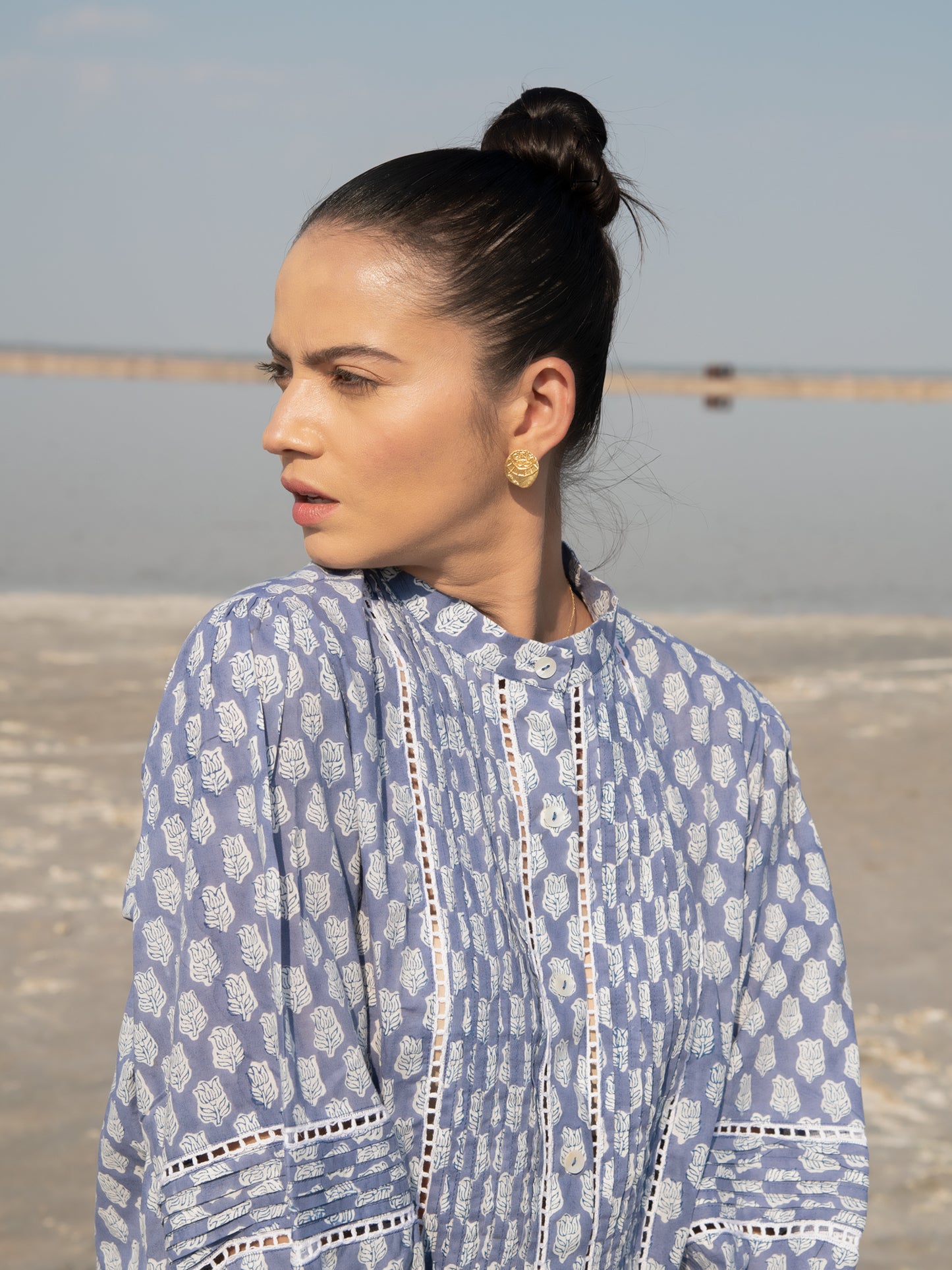 Blue Lotus Blouson Top - Blue Hand Block Printed Cotton Blouson Top