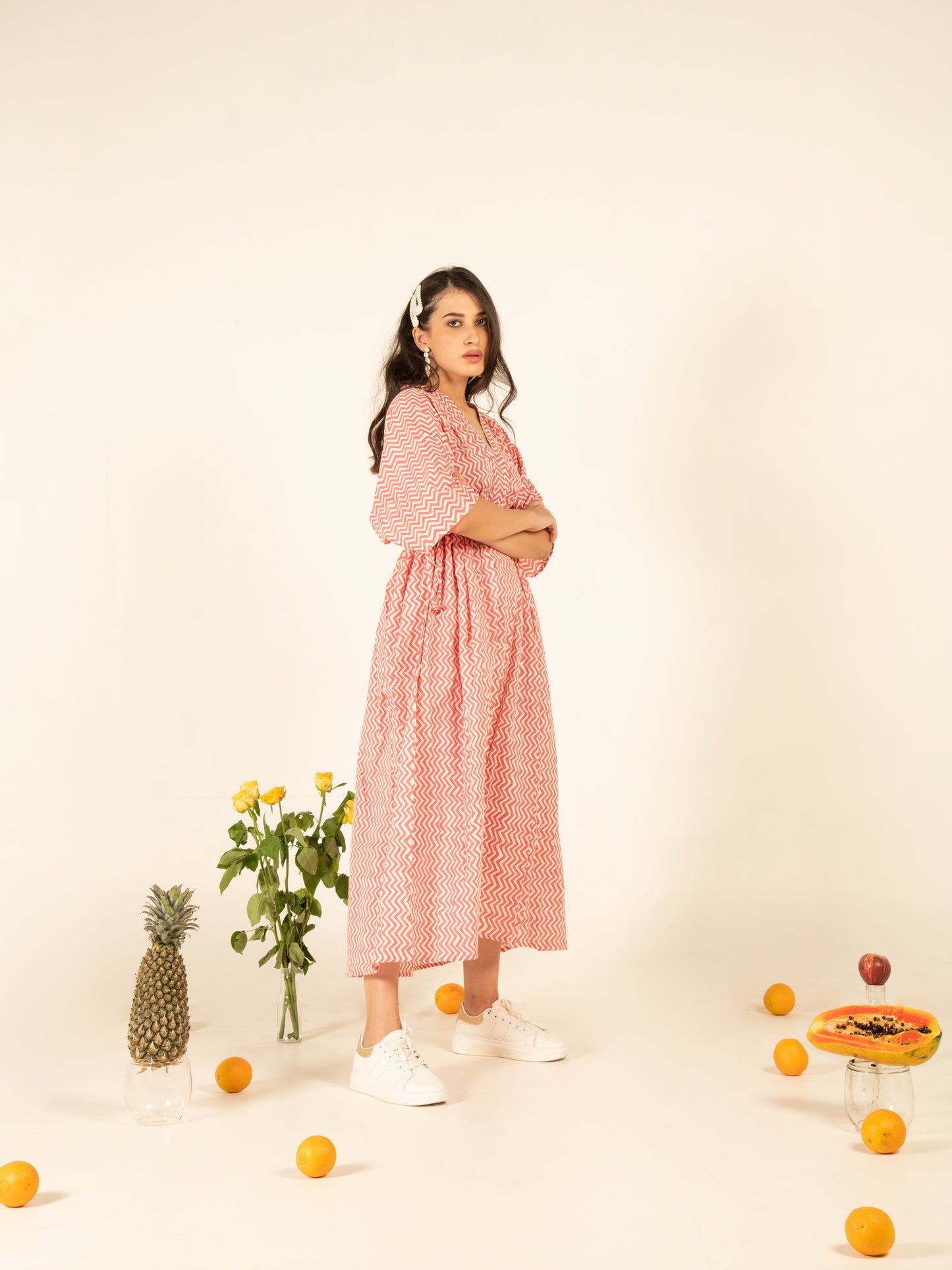 Lhea Kaftan Dress - Orange Hand Block Printed Cotton Kaftan Dress