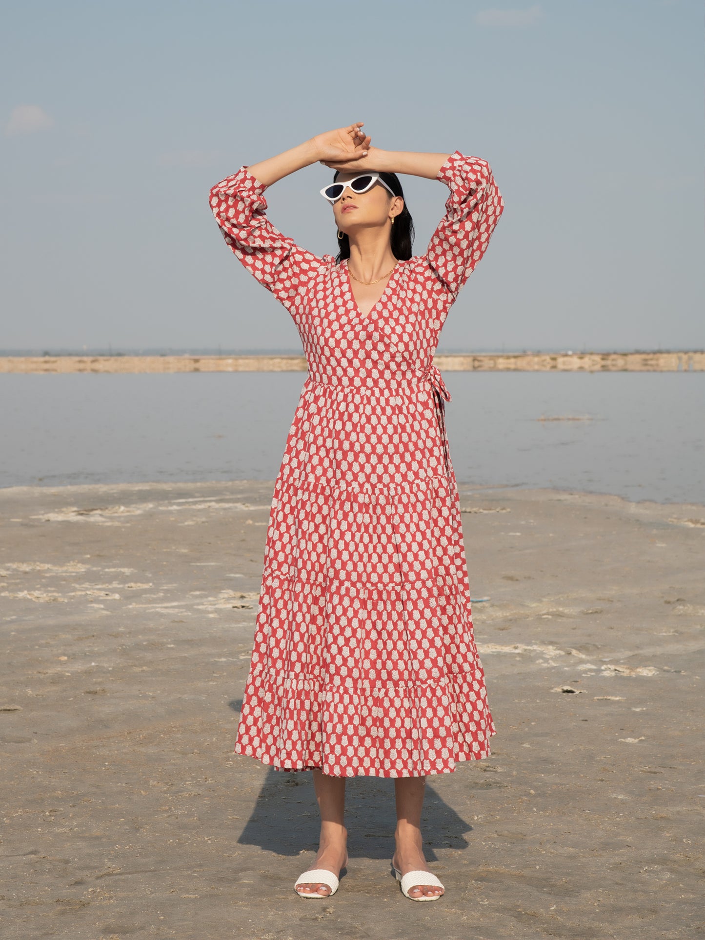 Red Lotus Tier Wrap Dress - Red Hand Block Printed Cotton Tiered Wrap Dress