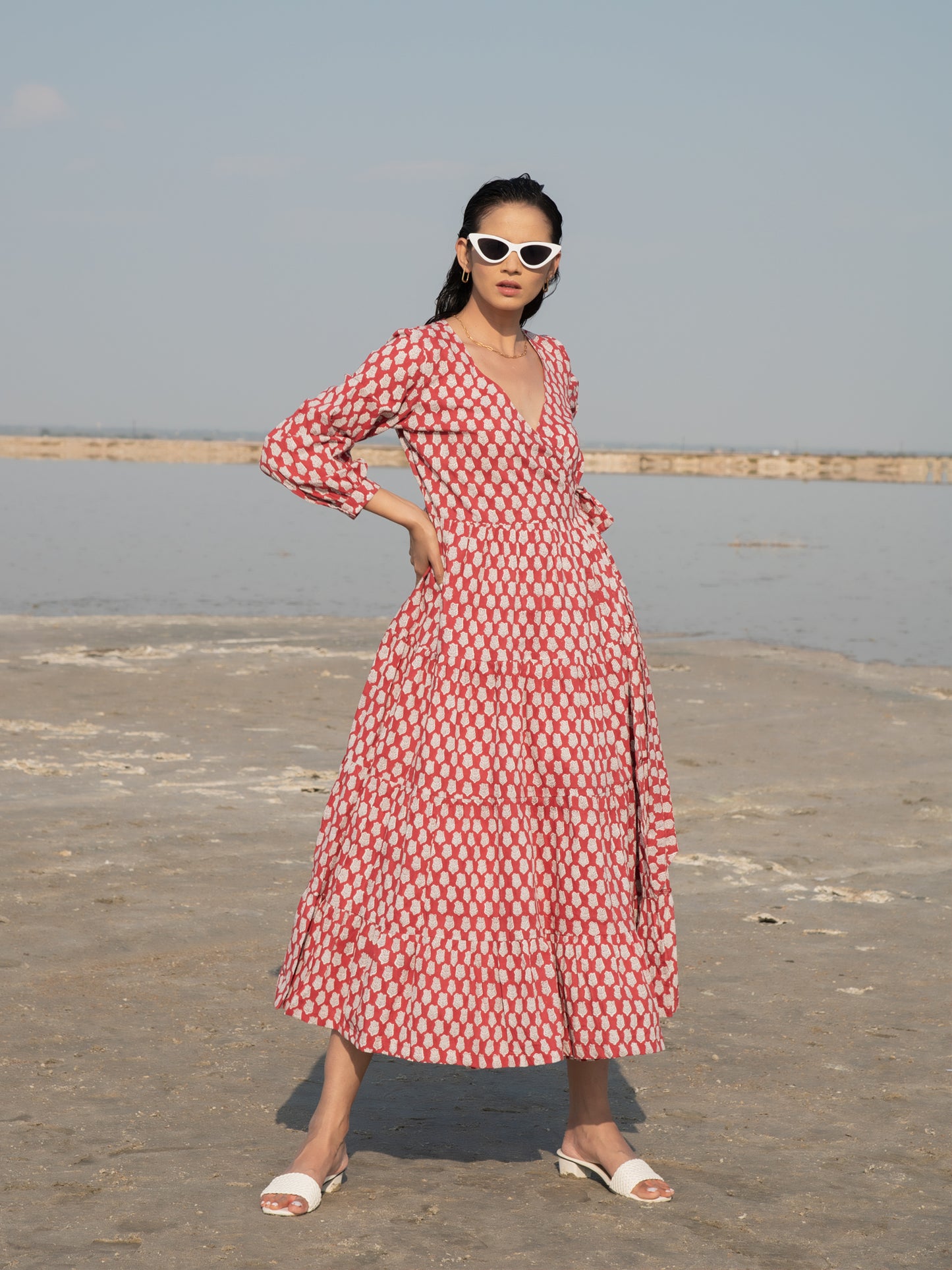 Red Lotus Tier Wrap Dress - Red Hand Block Printed Cotton Tiered Wrap Dress