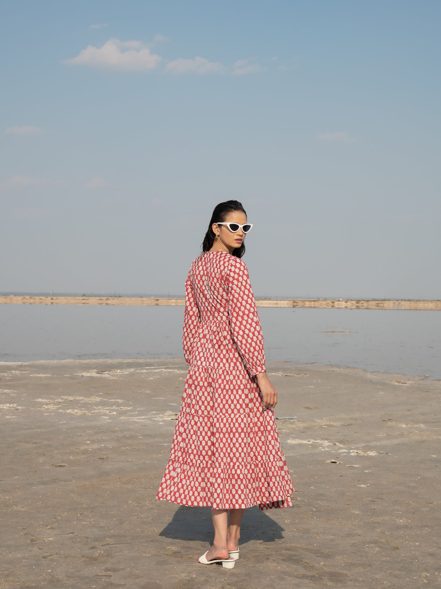 Red Lotus Tier Wrap Dress - Red Hand Block Printed Cotton Tiered Wrap Dress