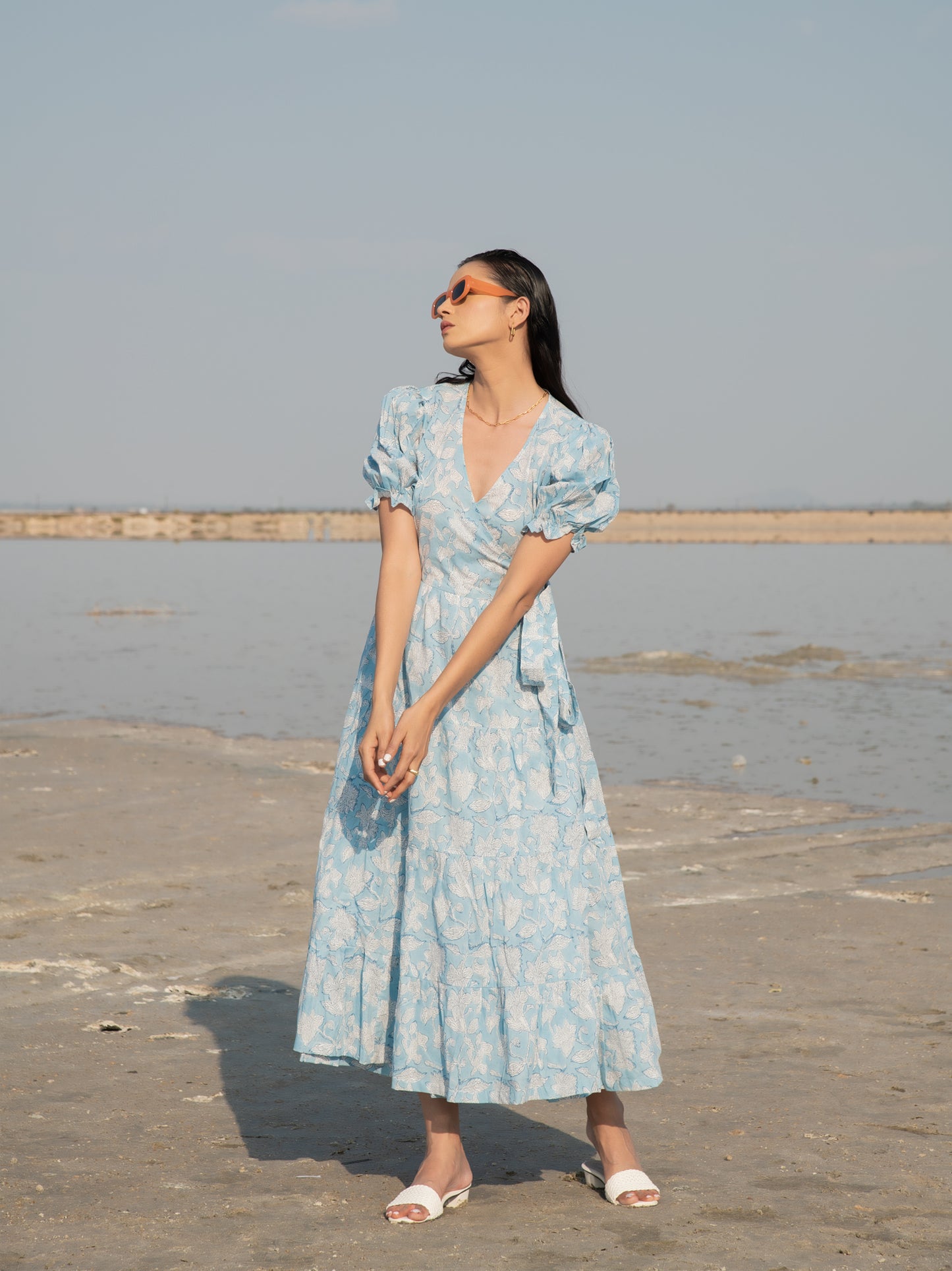 Blue Lilies Tier Wrap Dress - Blue Hand Block Printed Cotton Tiered Dress