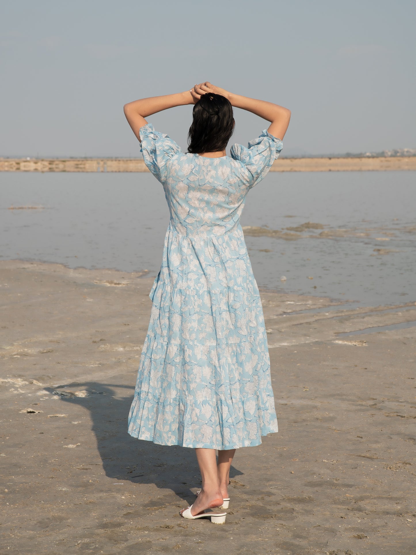 Blue Lilies Tier Wrap Dress - Blue Hand Block Printed Cotton Tiered Dress