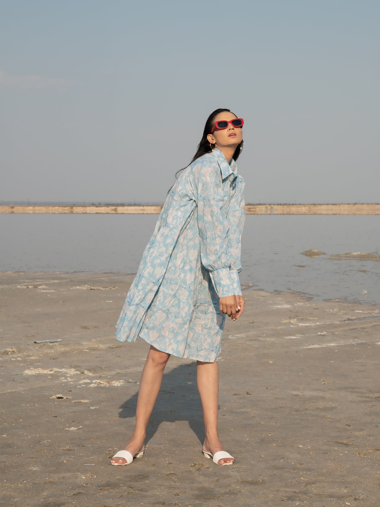 Blue Lilies Short Tier Dress - Light Blue Hand Block Printed Tiered Short Dress
