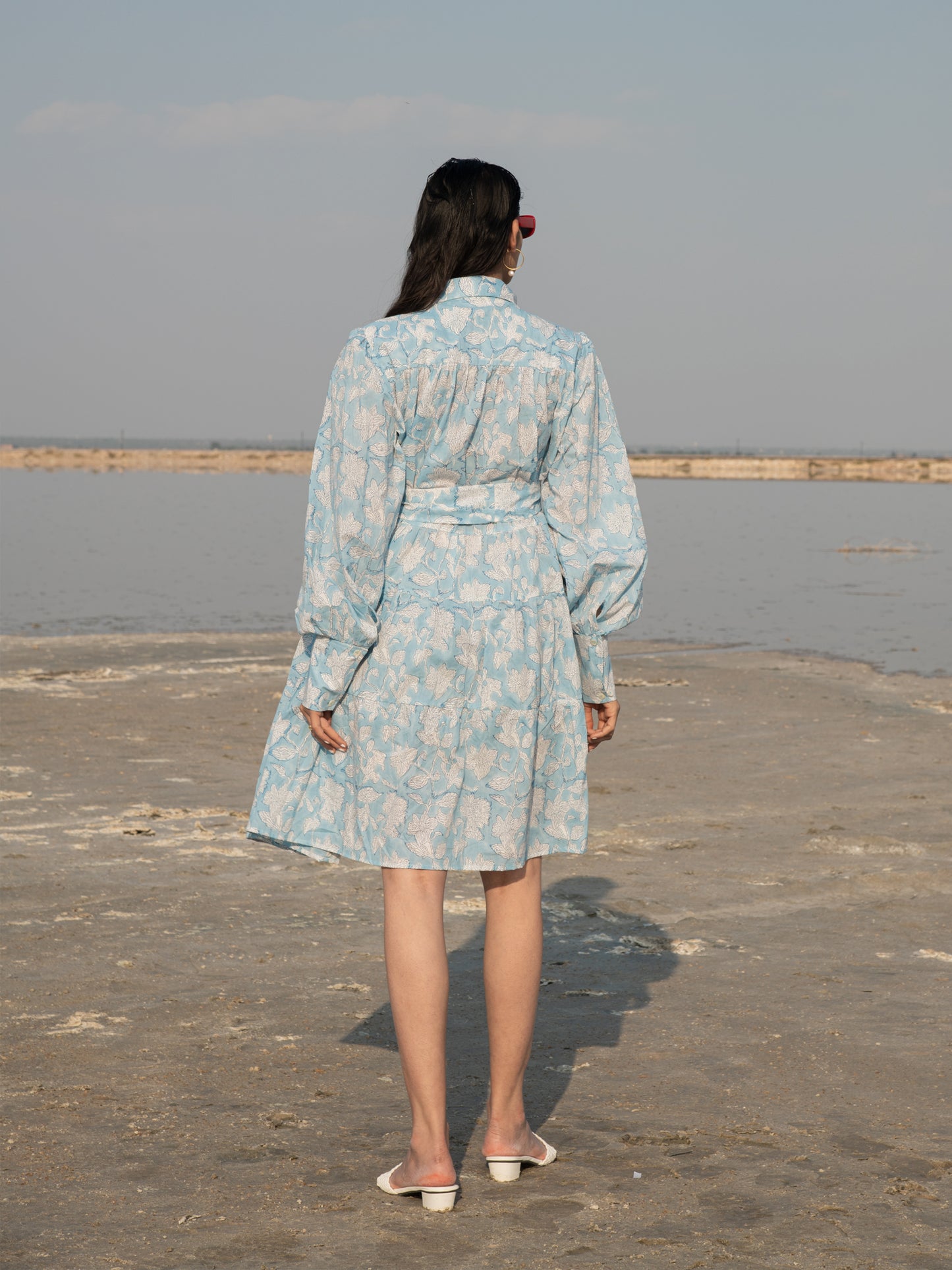 Blue Lilies Short Tier Dress - Light Blue Hand Block Printed Tiered Short Dress