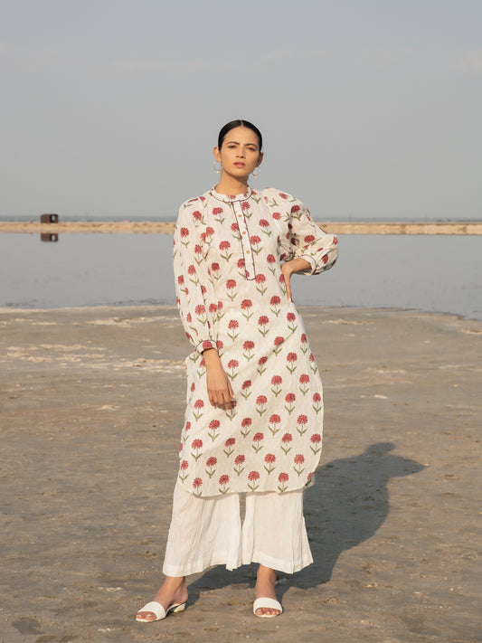 Carnations Kurta Set - White Hand Block Printed Cotton Kurta Set