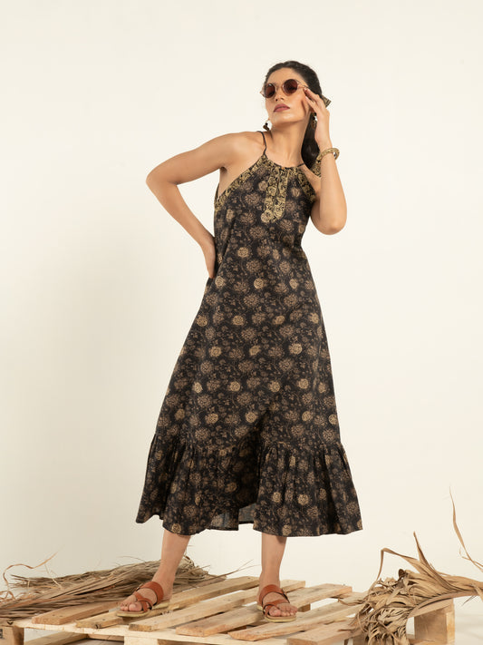 Amalia Flounce Dress - Black Hand Block Printed Cotton Flounce Dress