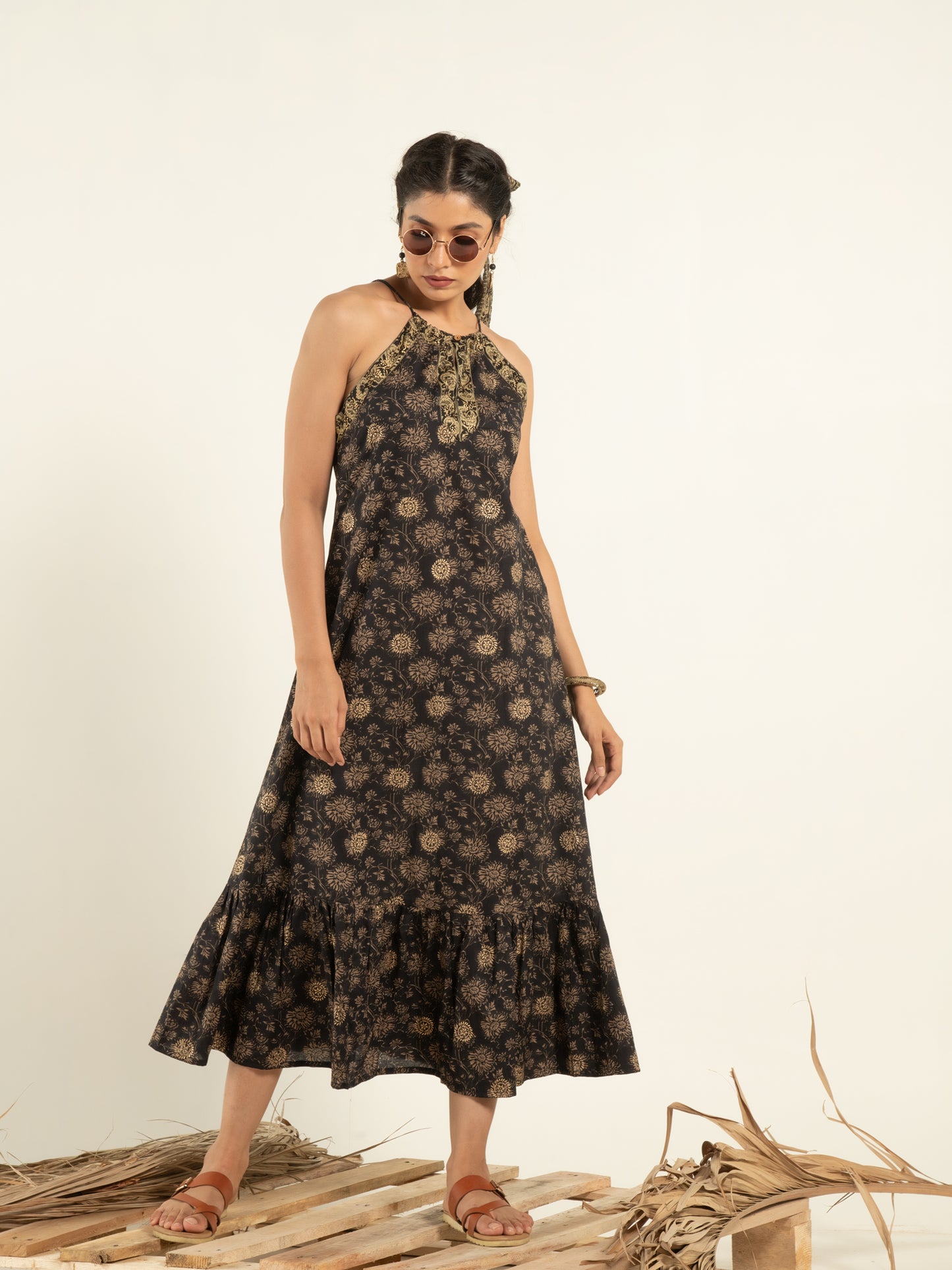 Amalia Flounce Dress - Black Hand Block Printed Cotton Flounce Dress